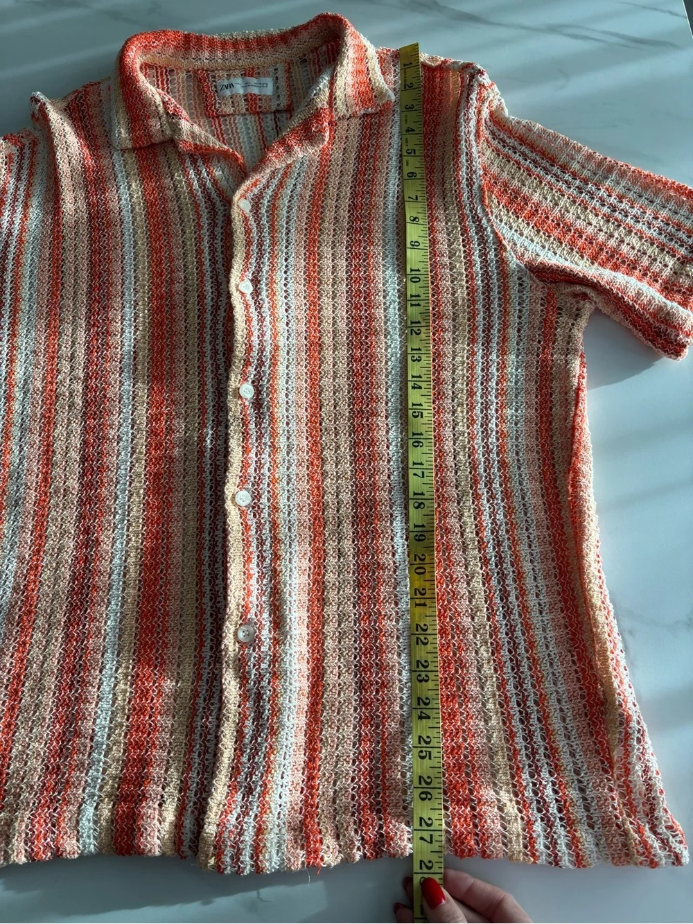 Zara Knit Short-Sleeve Striped Button-Down Resort Shirt in Coral sz L